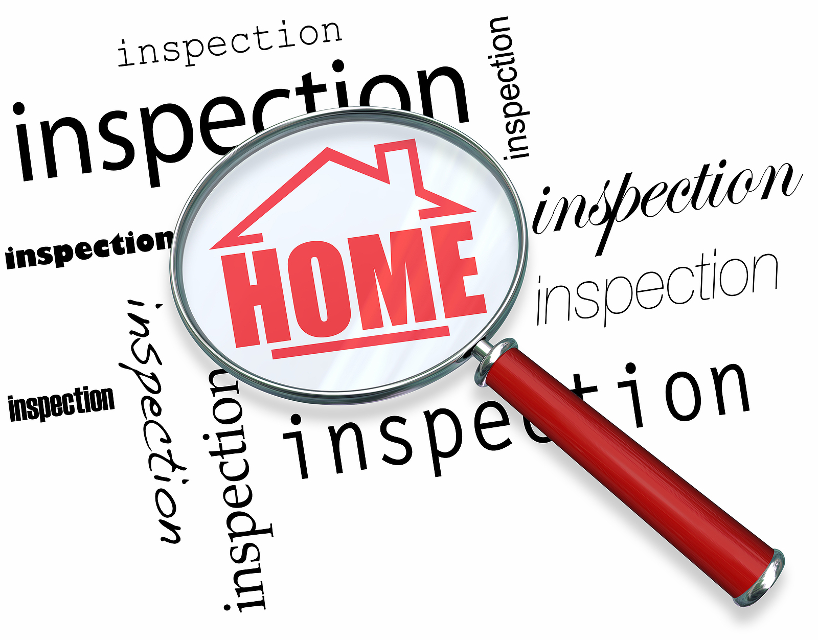 A magnifying glass hovering over the words Inspection, centering on a house with the word Home inside it