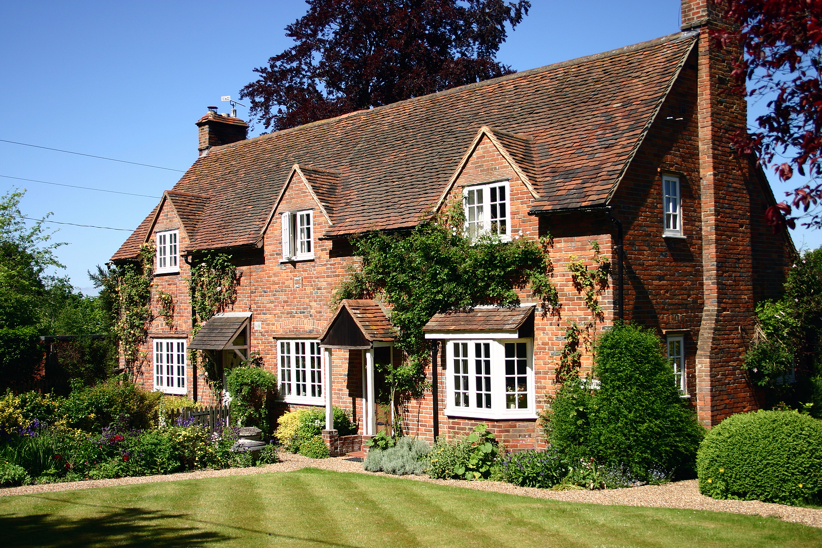 A traditional English country cottage brick built with manicured lawns