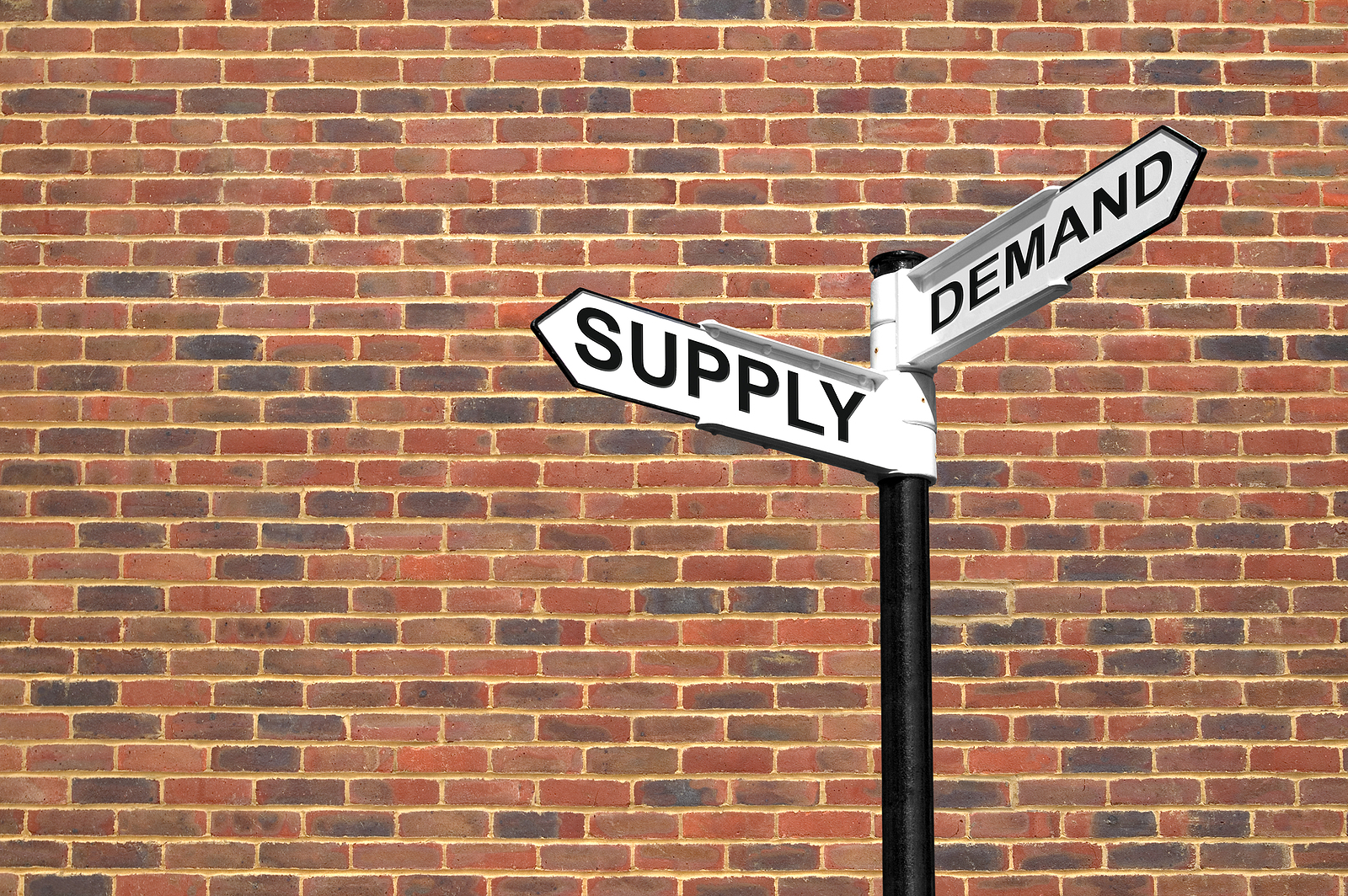 Concept image of a signpost with Supply and Demand against a brick wall