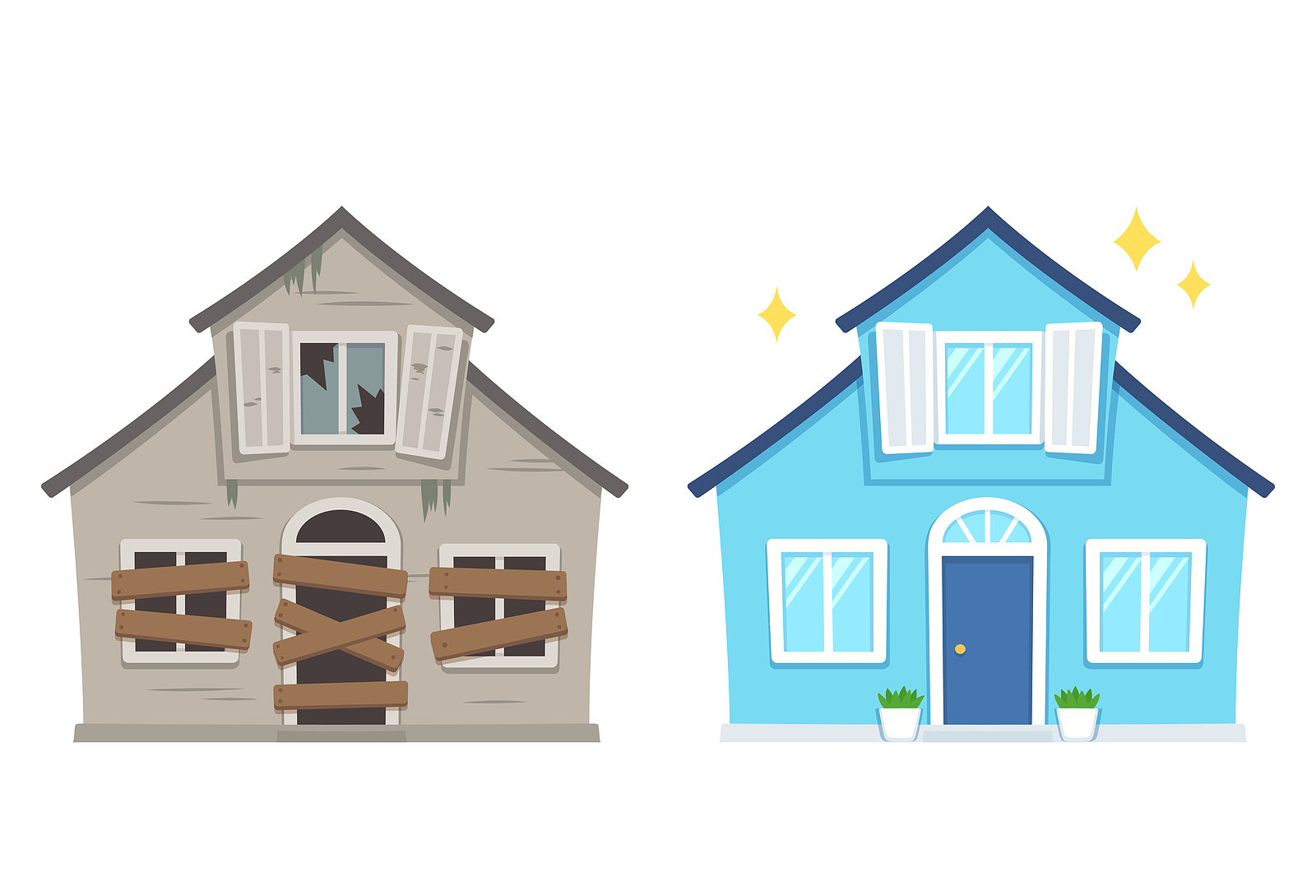 Fixer upper home renovation before and after. Old run-down house remodeled into cute traditional suburban cottage. Isolated vector illustration, flat cartoon style.