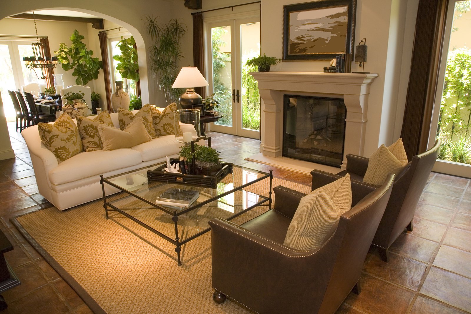 Contemporary living room with a fireplace and stylish decor.