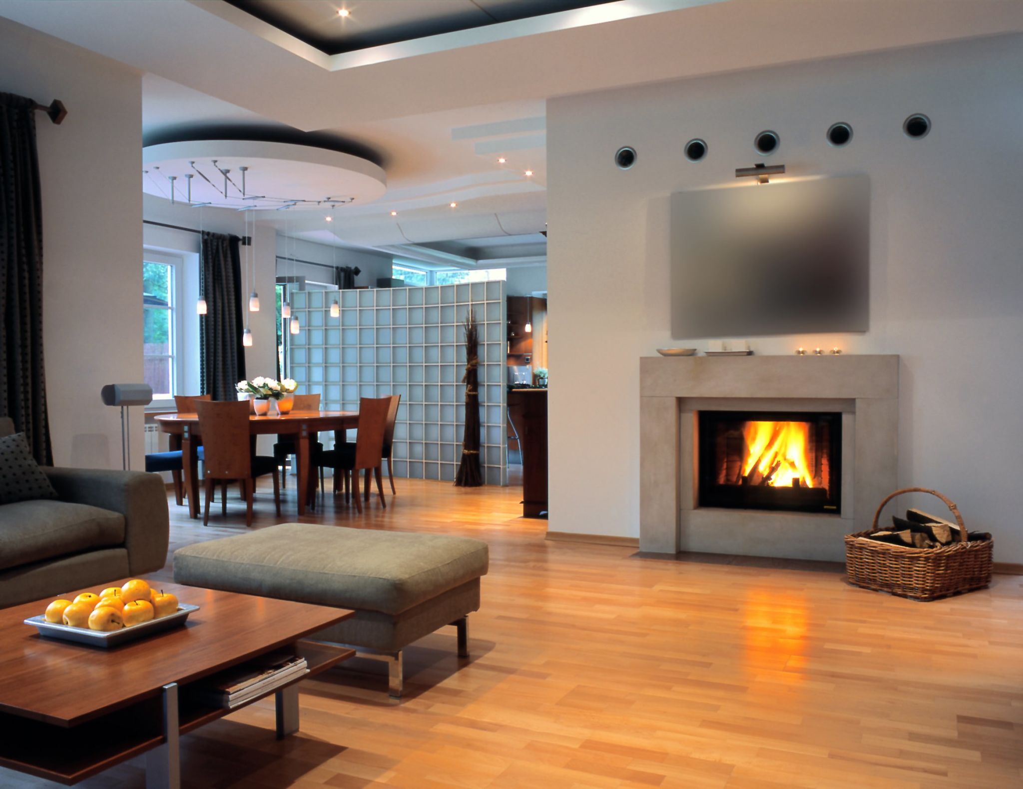 open space with fire place