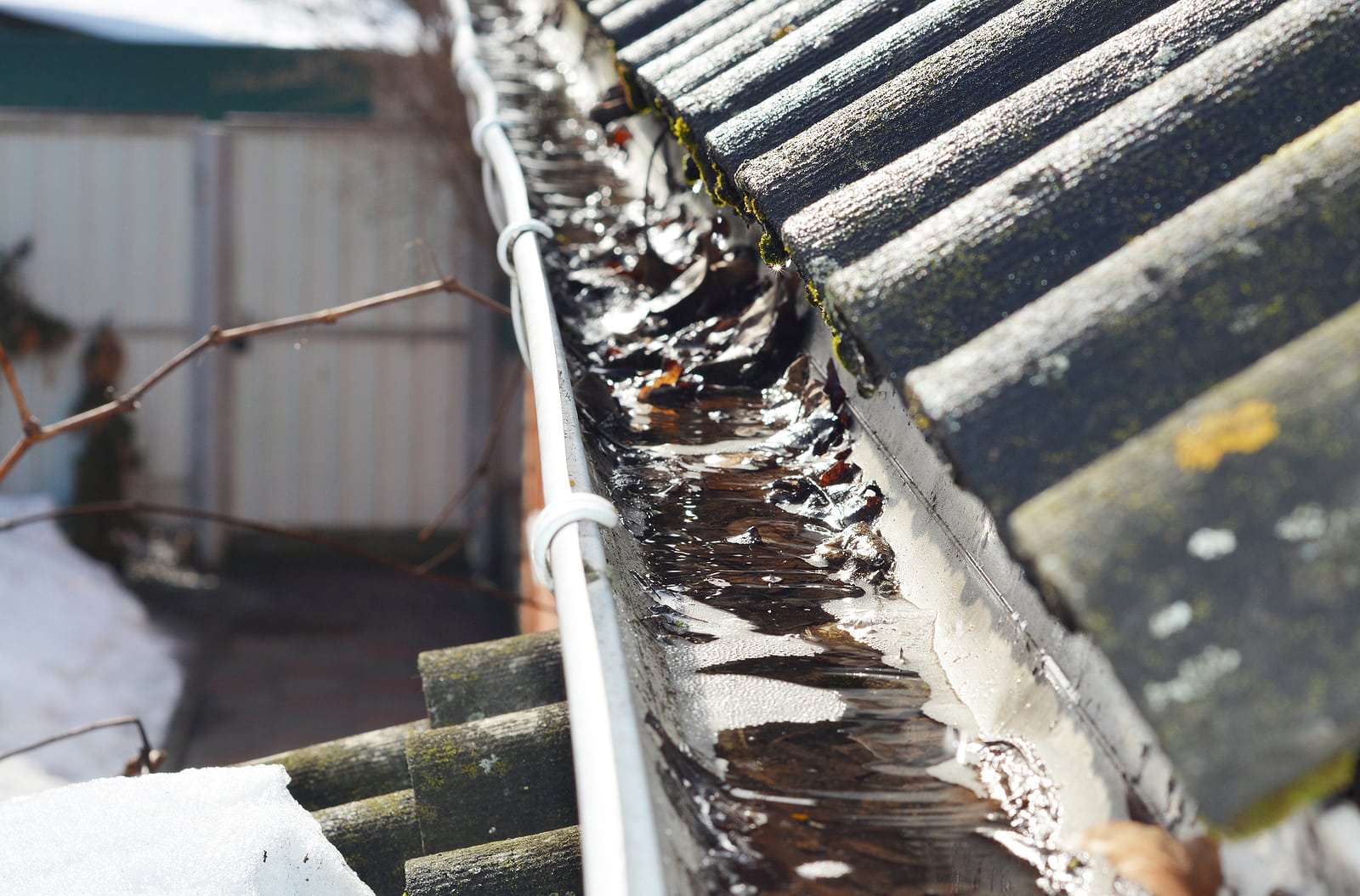 Dirty roof gutters on a home