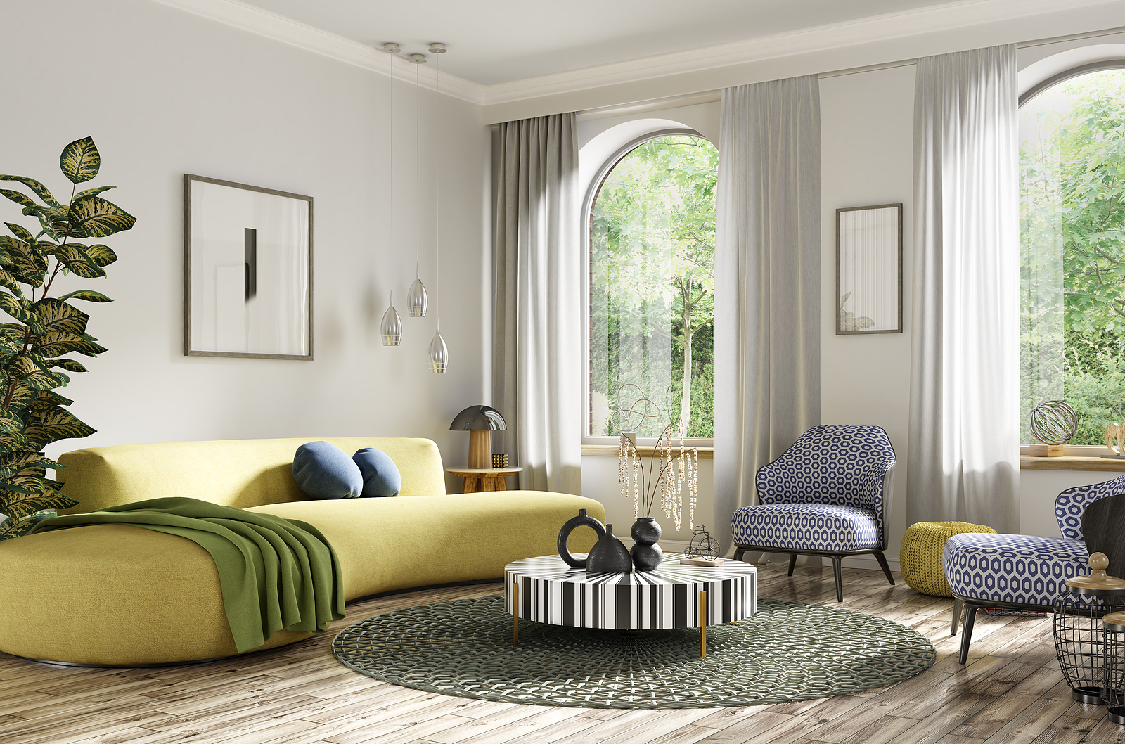 Modern art deco interior design of apartment, living room with yellow sofa, classical armchairs. Accent coffee table. Home interior with rug. 3d rendering